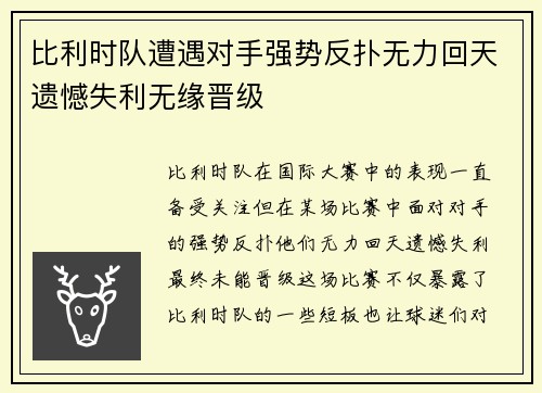 比利时队遭遇对手强势反扑无力回天遗憾失利无缘晋级