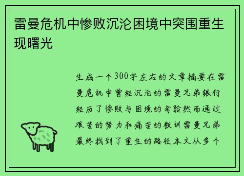 雷曼危机中惨败沉沦困境中突围重生现曙光