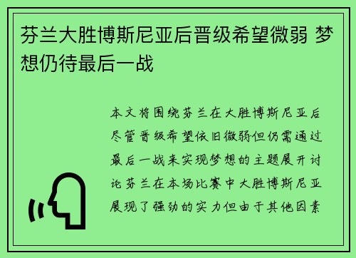 芬兰大胜博斯尼亚后晋级希望微弱 梦想仍待最后一战