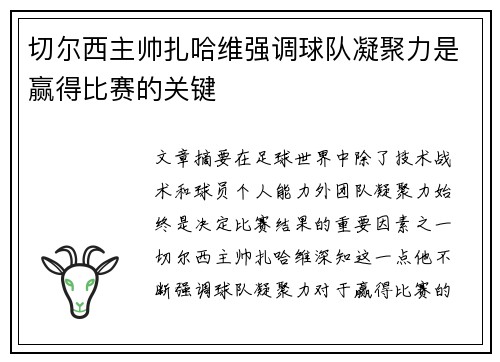 切尔西主帅扎哈维强调球队凝聚力是赢得比赛的关键